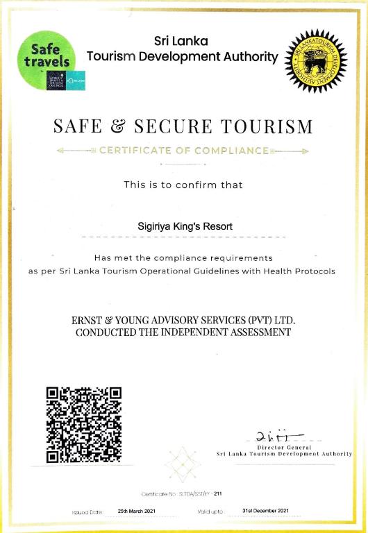Certifikát, hodnocení, plakát nebo jiný dokument vystavený v ubytování Sigiriya King's Resort