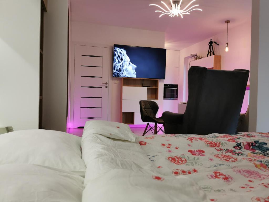 a bedroom with a bed and a tv and a chair at LUXURY APARTMENT in Warsaw