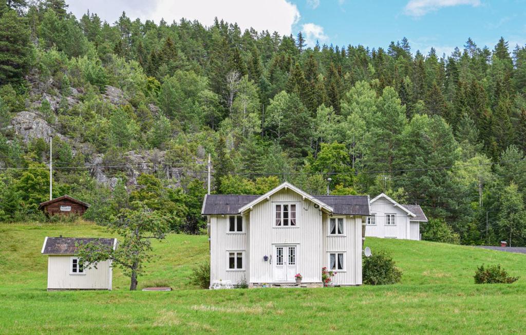 a white house in a field with a mountain at Bakka in Bakka