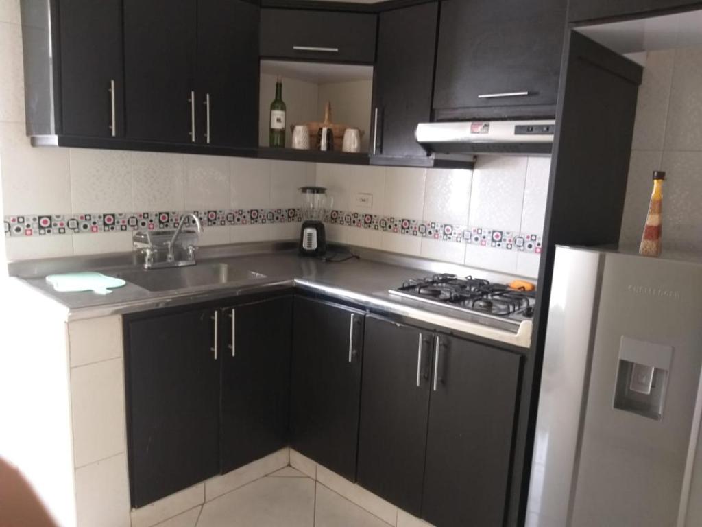 a kitchen with black cabinets and a sink and a stove at Hermoso Apartamento en San Gil in San Gil