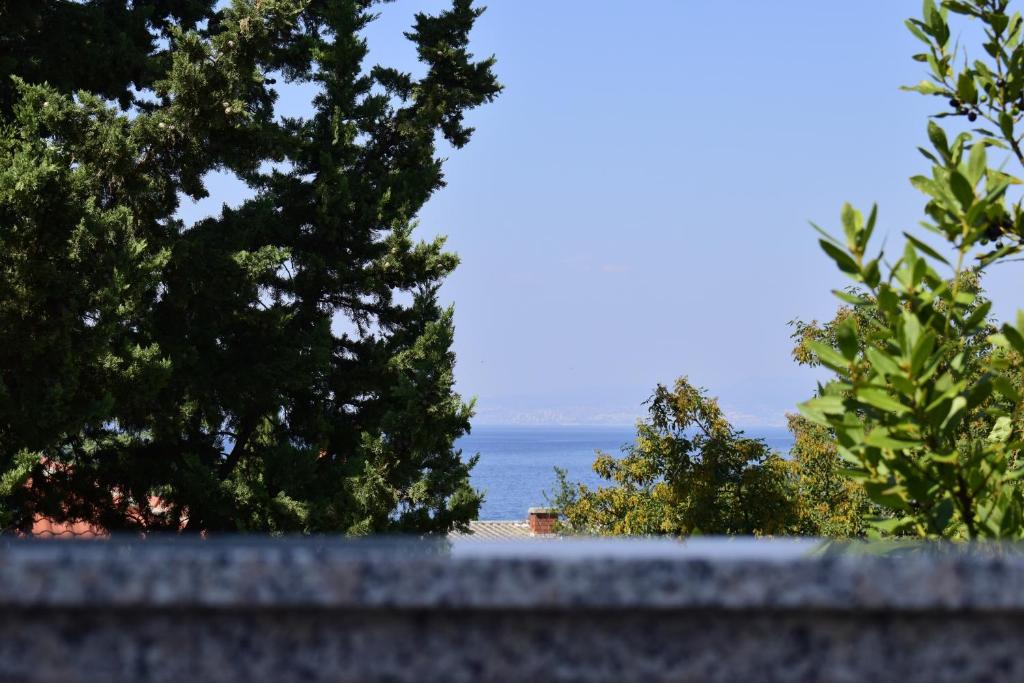 a view of the ocean from a wall with trees at Apartment Tommy in Malinska