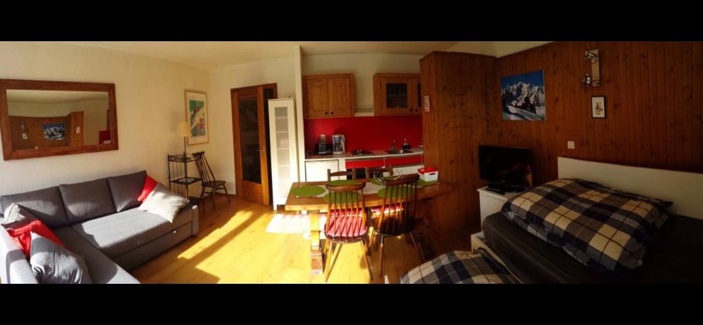 un salon avec un canapé et une table dans l'établissement Résidence au coeur d'Argentière, à Chamonix-Mont-Blanc