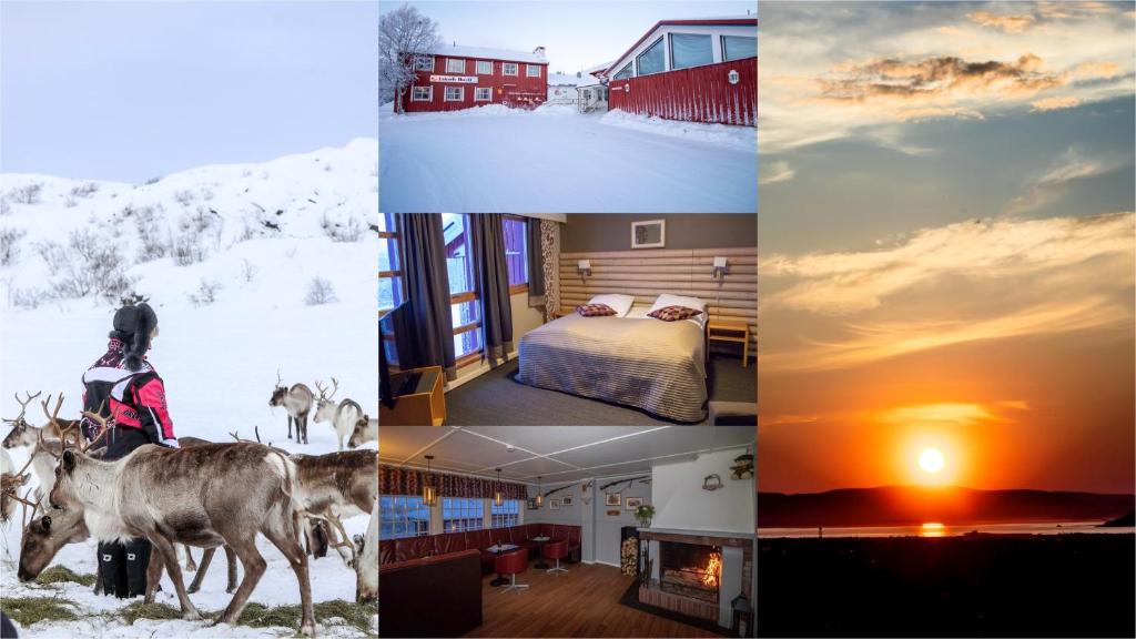 Eine Collage mit vier Bildern eines Hauses im Schnee in der Unterkunft Lakselv Hotel in Lakselv