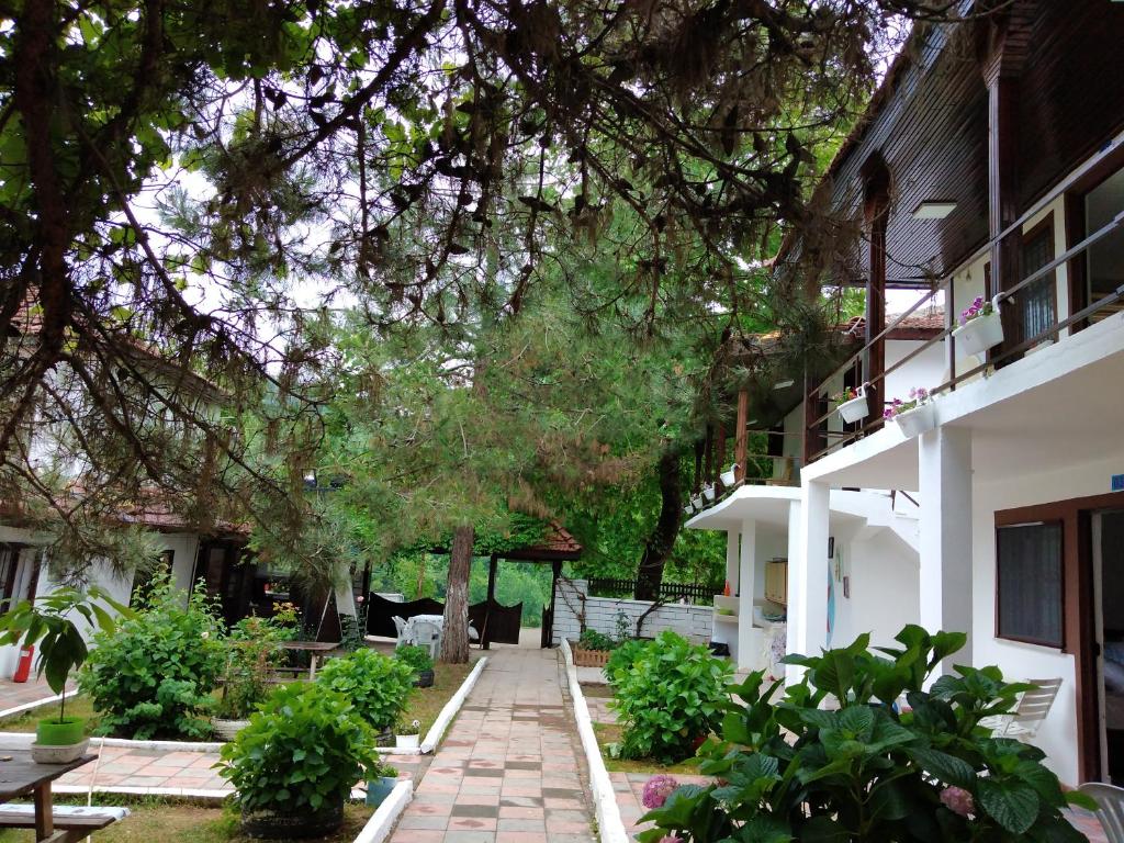 een binnenplaats van een gebouw met bomen en planten bij Deniz Yıldızı Pansiyon in Akcakoca