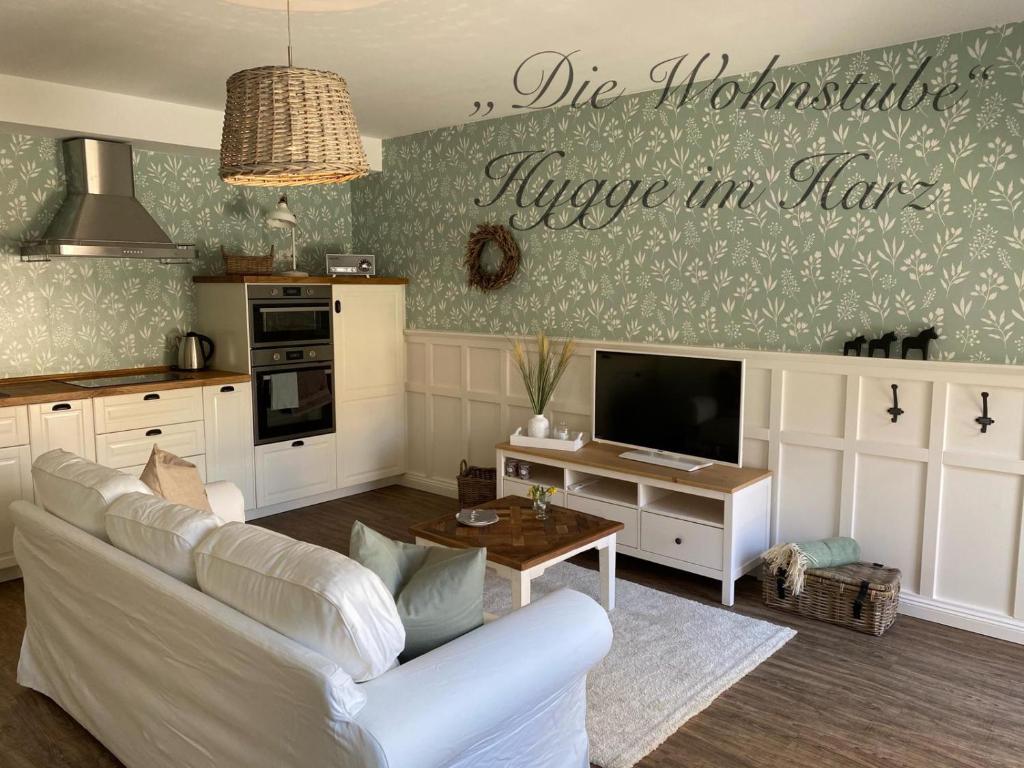 salon z białą kanapą i telewizorem w obiekcie "Die Wohnstube"-Hygge im Harz w mieście Wernigerode