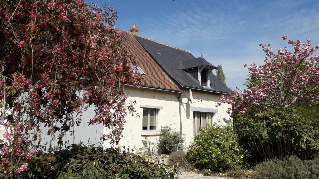 a white house with pink flowers in front of it at Gîte La Fortaiserie in Rillé