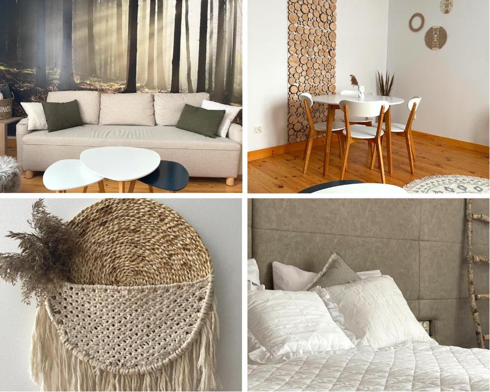 un collage de cuatro fotos de una sala de estar en Apartamenty Zwierzyniec, en Zwierzyniec