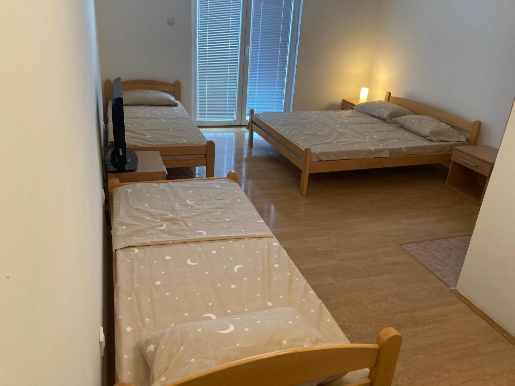 a room with two beds and a tv in it at Vila ViV Srebrno Jezero in Veliko Gradište