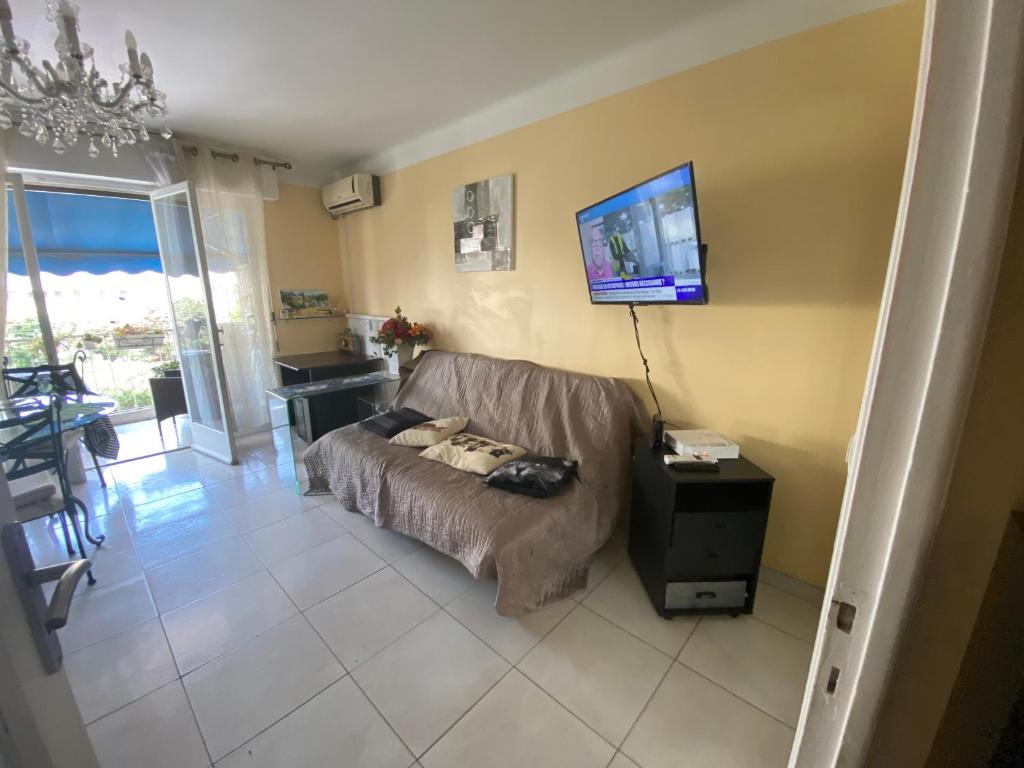 a living room with a couch and a flat screen tv at appartement à Cannes in Cannes