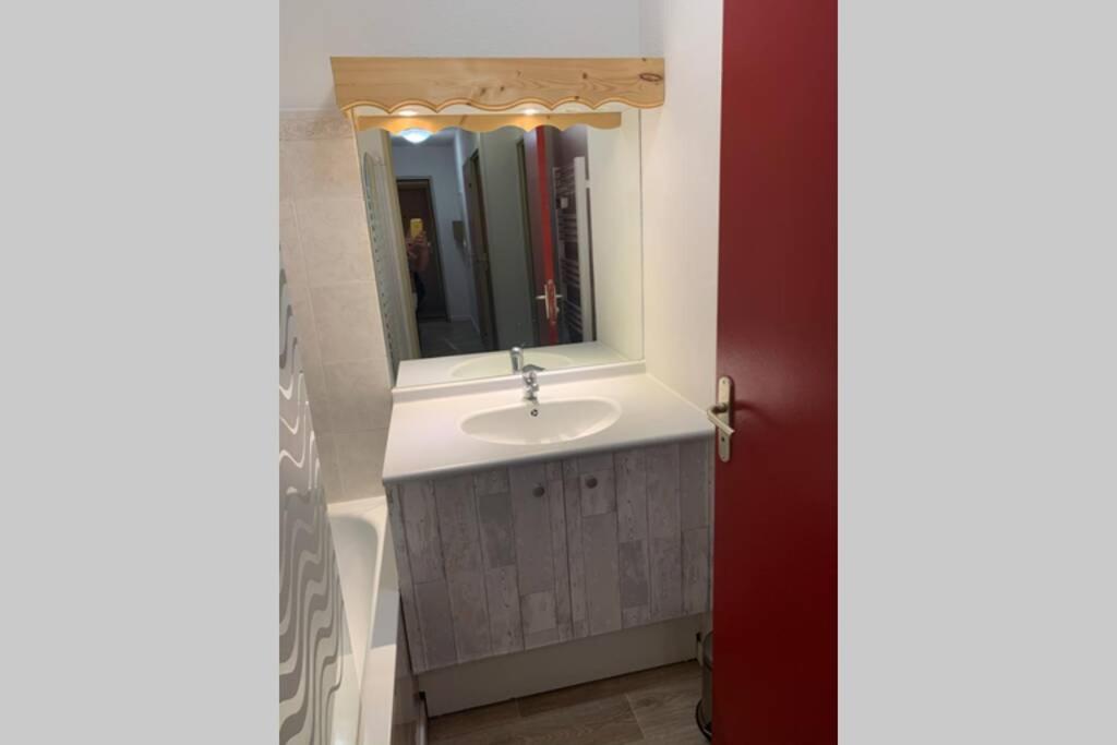 a bathroom with a sink and a mirror at Logement 4&#47;6 personnes à la montagne avec piscine in Saint-Sorlin-dʼArves