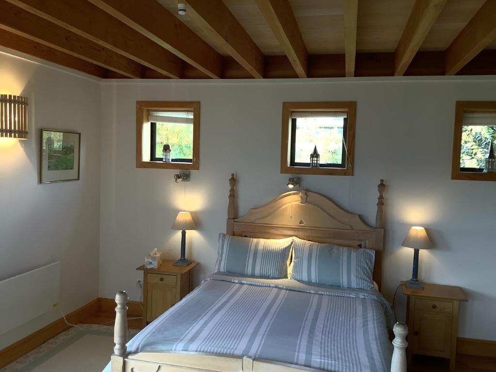 1 Schlafzimmer mit einem Bett mit blauer Bettwäsche und 2 Fenstern in der Unterkunft Stunning Scandi Style Home Overlooking Lake Wanaka in Wanaka