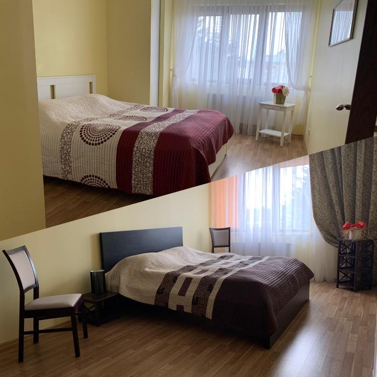 two pictures of a bedroom with a bed and a chair at Sauliaus apartamentai in Panevėžys