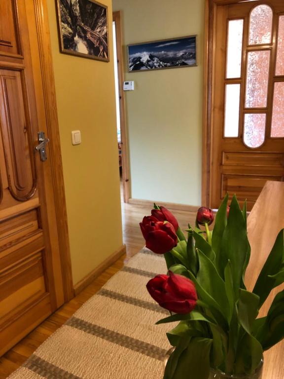 een vaas met rode tulpen voor een deur bij Pine Apartment in Šventoji