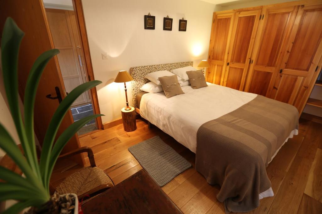 a bedroom with a bed and a potted plant at Matapouri in Le Châble