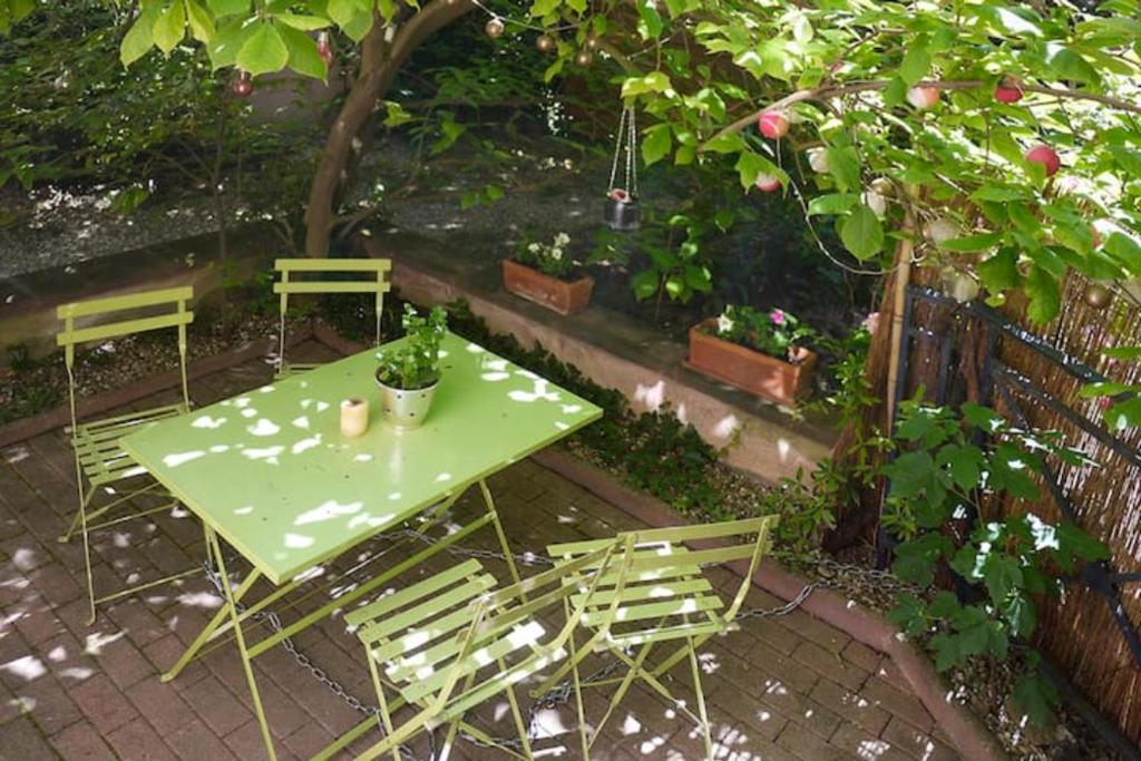 une table et des chaises vertes assises sous un arbre dans l'établissement Appartement Petite France avec terrasse, à Strasbourg