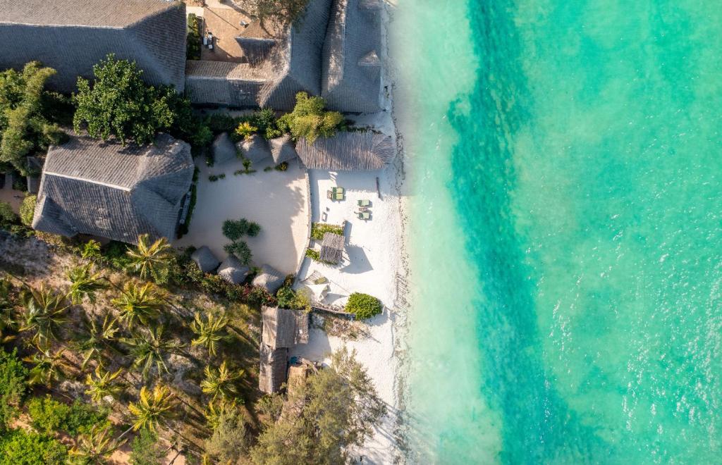 an aerial view of the beach and the ocean at Mvuvi Boutique Resort in Kiwengwa