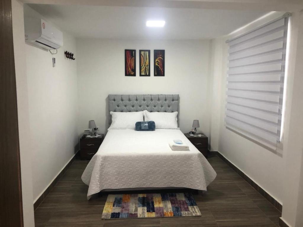 ein Schlafzimmer mit einem Bett und zwei Nachttischen in der Unterkunft Hostal Lucy in Valledupar