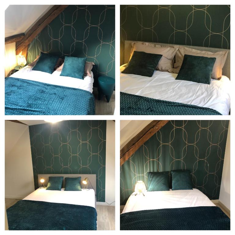 four different pictures of a bed in a room at Le gîte du Lavoir - Les gîtes de joséphine in Courbouzon