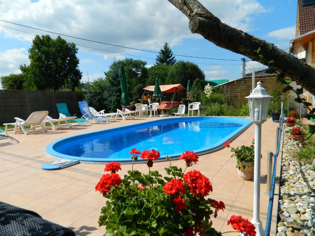a swimming pool with red flowers in a yard at Panoráma házikó in Nagymányok