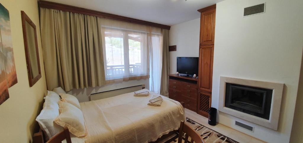 Schlafzimmer mit einem Bett, einem Kamin und einem TV in der Unterkunft Луксозно студио в Банско - малко кътче от рая. in Bansko