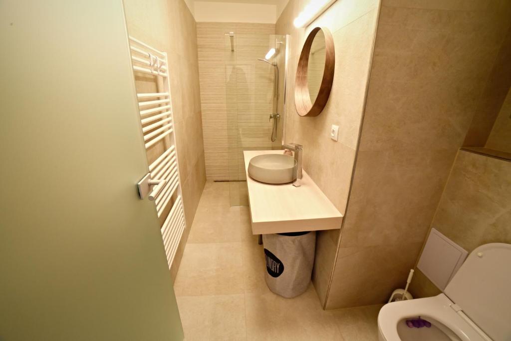 La petite salle de bains est pourvue d'un lavabo et de toilettes. dans l'établissement Apartmán PERGOLA, à Mikulov