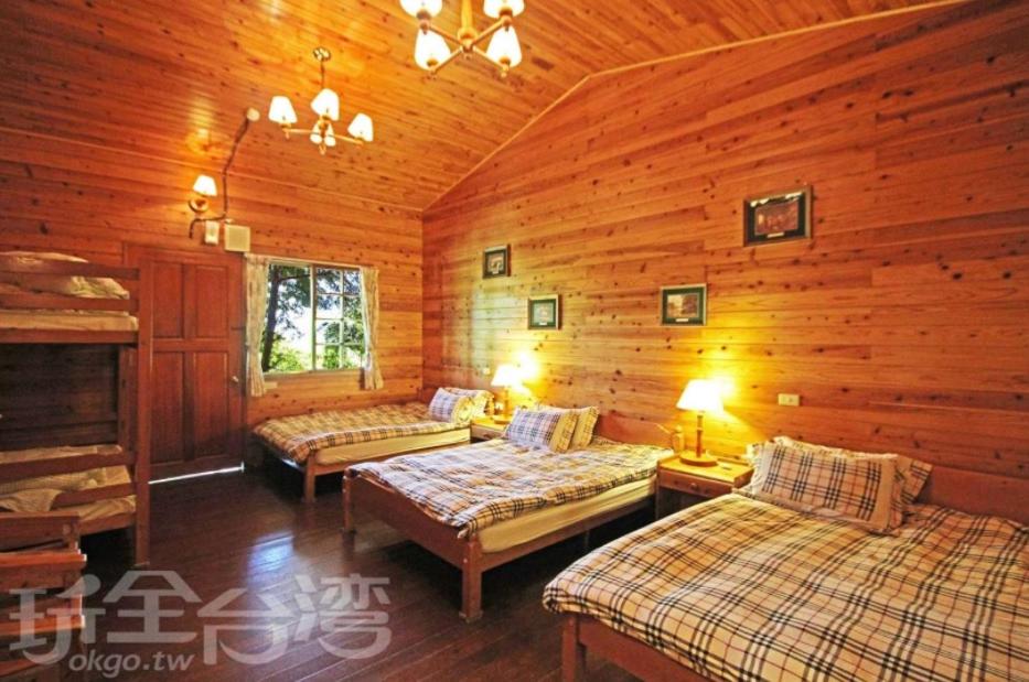 uma cabana de madeira com 2 camas e um piano em Da Kuan Peach Farm Resort em Hualing
