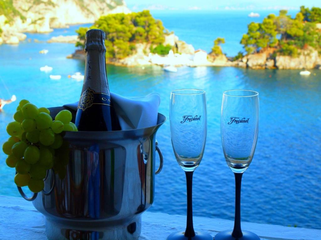 two glasses of wine and a bucket of grapes at Avra in Parga