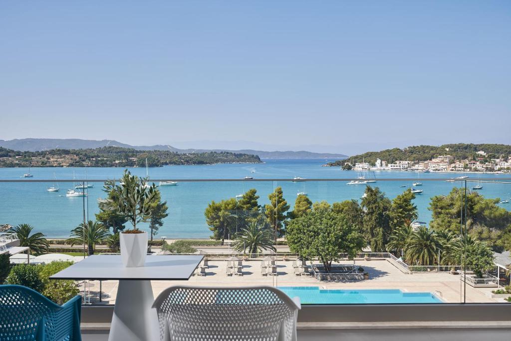 a view of the ocean from a resort balcony at AKS Porto Heli Hotel in Porto Heli