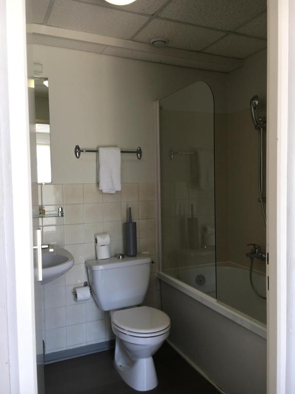 a bathroom with a toilet and a shower and a sink at Les Bains Boyardville - Hôtel et Restaurant in Boyard-Ville