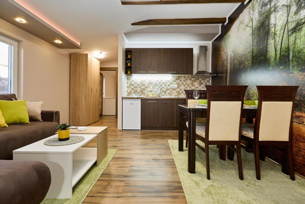 een keuken en een woonkamer met een bank en een tafel bij AquaLux 2 in Soko Banja