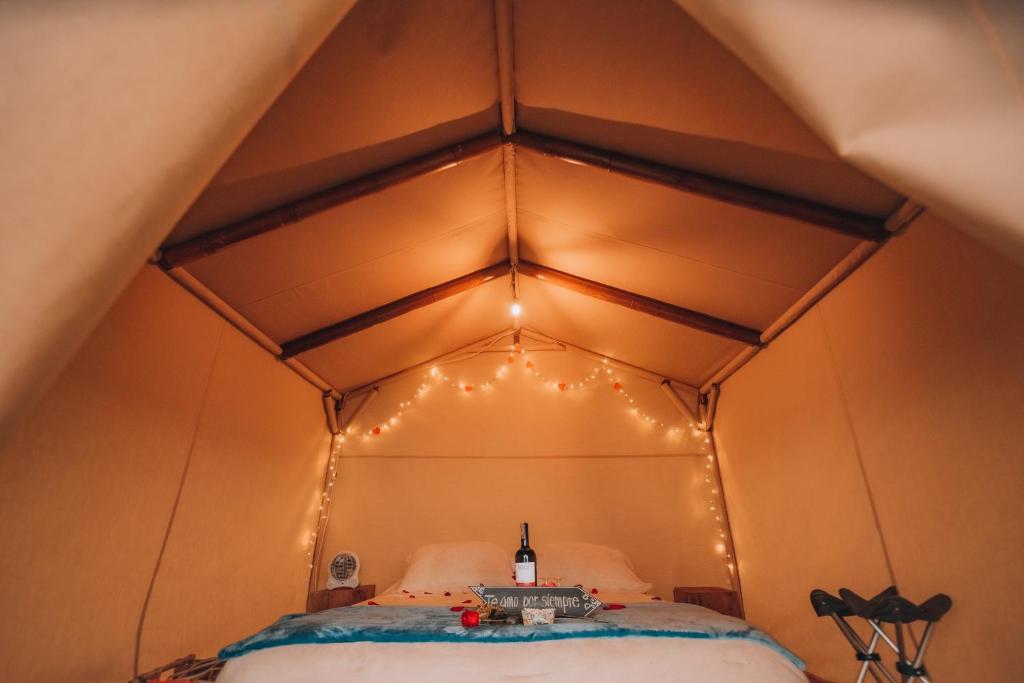 Glamping rio frio Tabio في تابيو: غرفة بها سرير مع أضواء وزجاجة من النبيذ