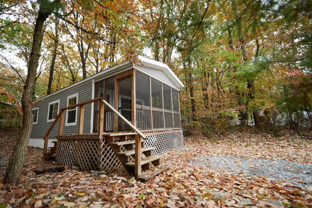 Une petite maison dans les bois sur les feuilles dans l'établissement Spring Gulch Screened Park Model 7, à Mount Airy