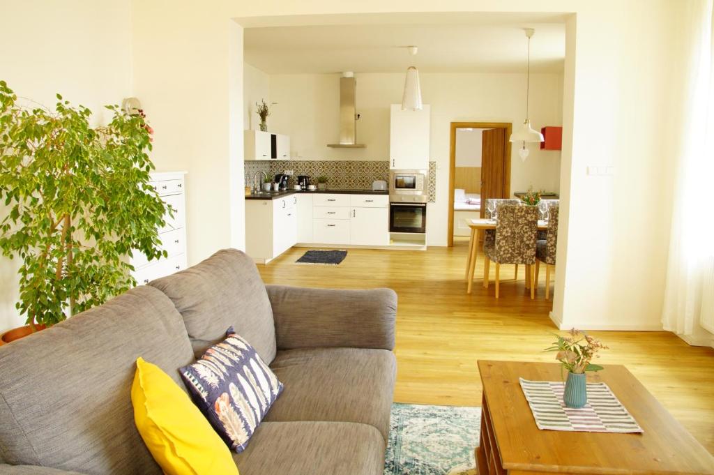 a living room and kitchen with a couch and a table at Apartmány u komína in Terezín
