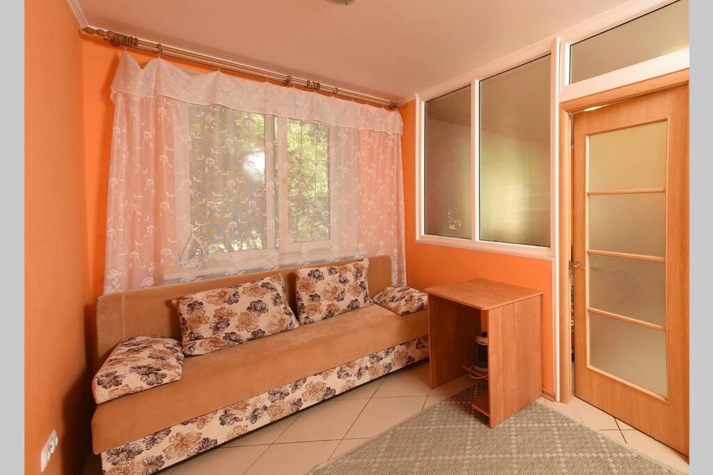 a couch in a room with a window at Двухкомнатная посуточно на проспекте К-Маркса, 30 in Omsk