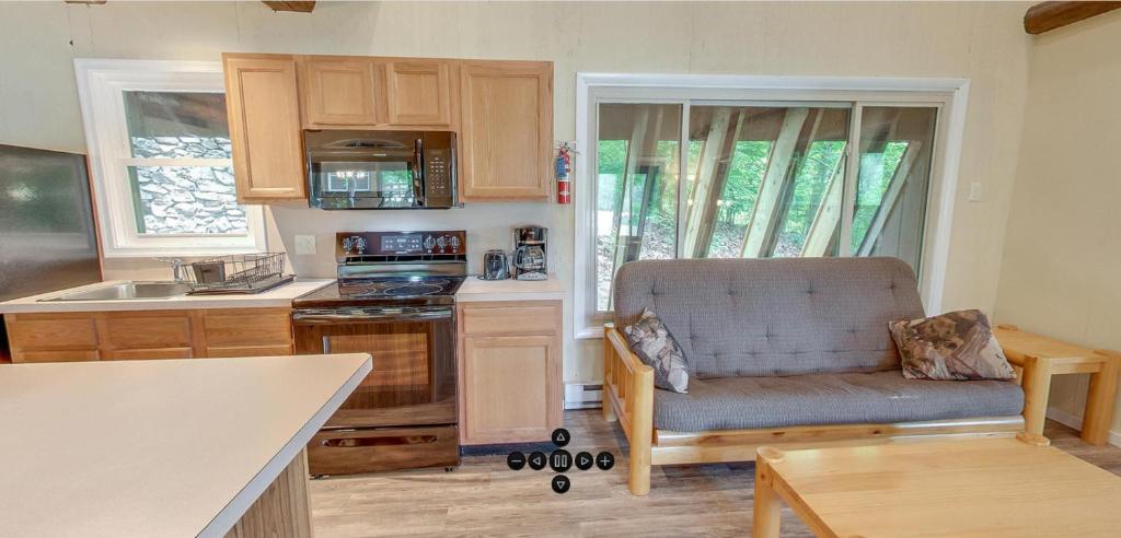 a kitchen with a couch and a kitchen with a stove at Spring Gulch A-Frame House 8 in Mount Airy