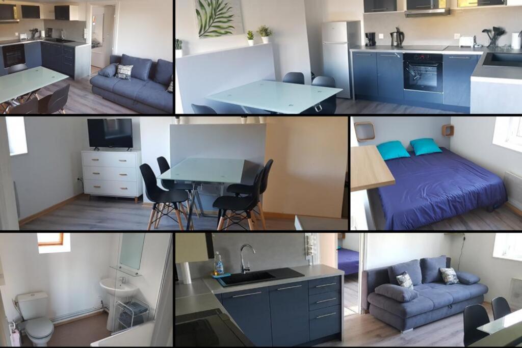 eine Collage mit Fotos von einer Küche und einem Wohnzimmer in der Unterkunft Appartement Dunkerque Centre 4 personnes - Parking gratuit- in Dunkerque