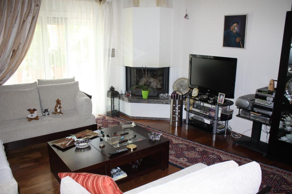 A television and/or entertainment centre at Veggie Garden Athens B&B