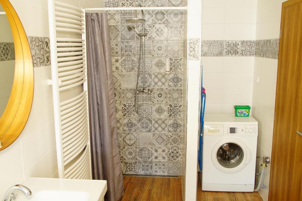a bathroom with a washing machine and a washer at Apartmány u komína in Terezín