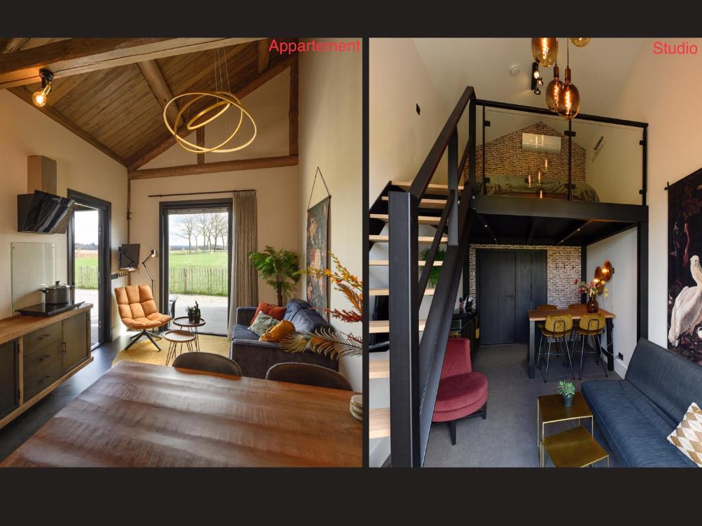 two pictures of a living room and a living room at Onder de Molen in Garderen