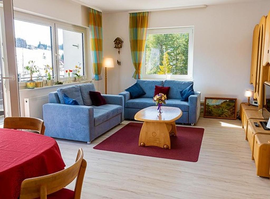 Haus Lucia Appartment "Schönblick" في سخونوالد: غرفة معيشة مع أريكة زرقاء وطاولة