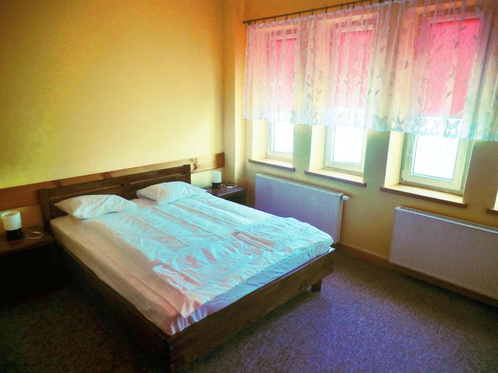 a bedroom with a bed and two windows at Iskra in Augustów