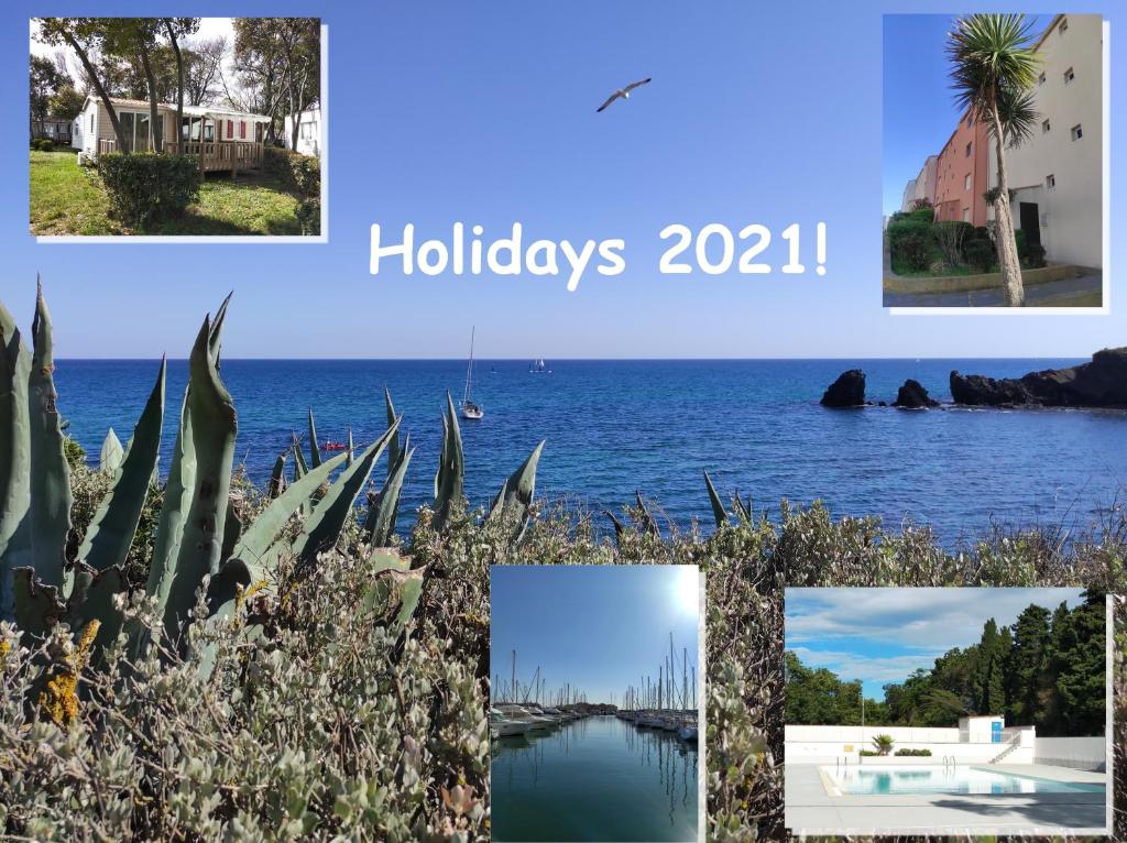 un collage di foto dell'oceano e di una casa di Camping Parc des 7 Fonts ad Agde