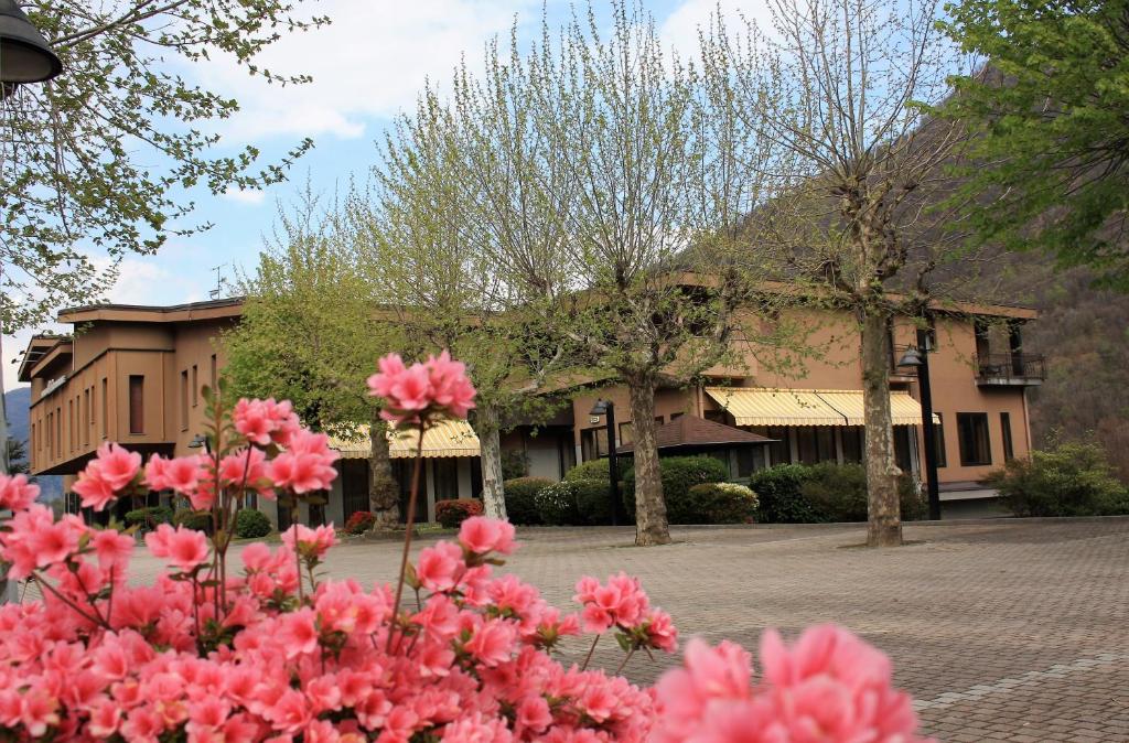 Casale Corte CerroにあるAlbergo Ristorante Cicinの建物前のピンクの花束