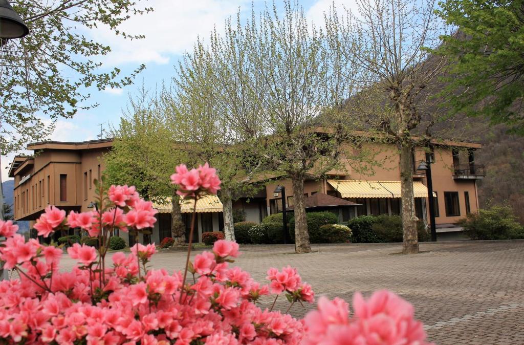 um ramo de flores cor-de-rosa em frente a um edifício em Albergo Ristorante Cicin em Casale Corte Cerro