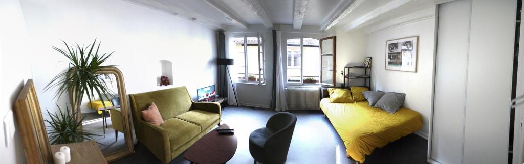 sala de estar con sofá amarillo y silla en Appartement cosy rue Sainte Madeleine en Estrasburgo
