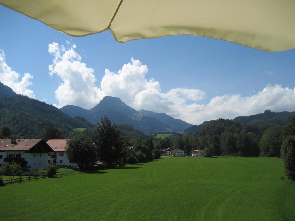 a large green field with mountains in the background at Wellness Ferienwohnung Schweinsteiger mit Hallenbad und Sauna in Oberaudorf