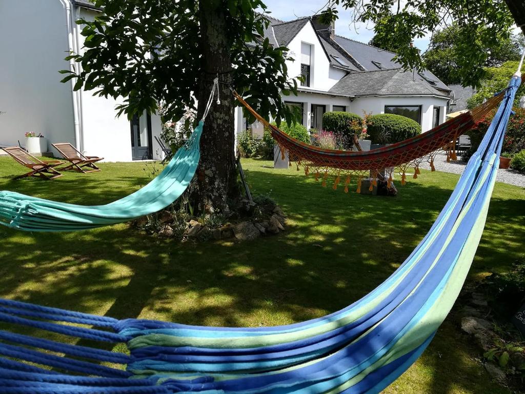 a hammock in a yard next to a tree at Ty Coz Breizh in Guidel
