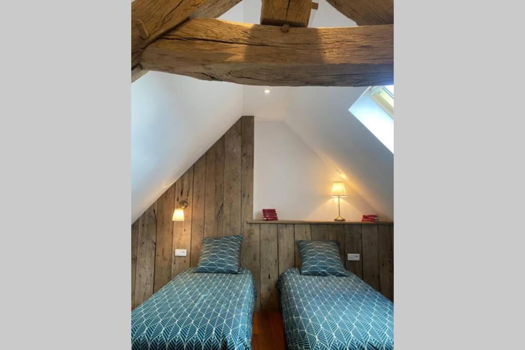 two beds in a attic room with wooden walls at La mystérieuse maison du Robimouth in Saint-Satur
