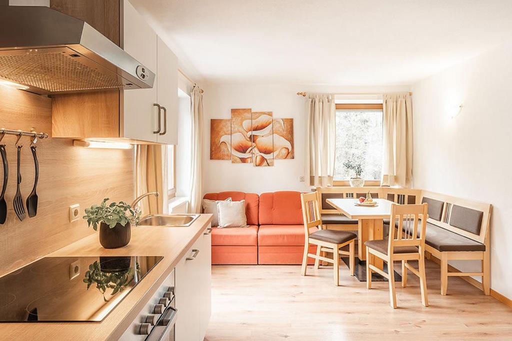 a kitchen and living room with a table and a couch at Apartments Silva Klausberg in San Giovanni in Val Aurina