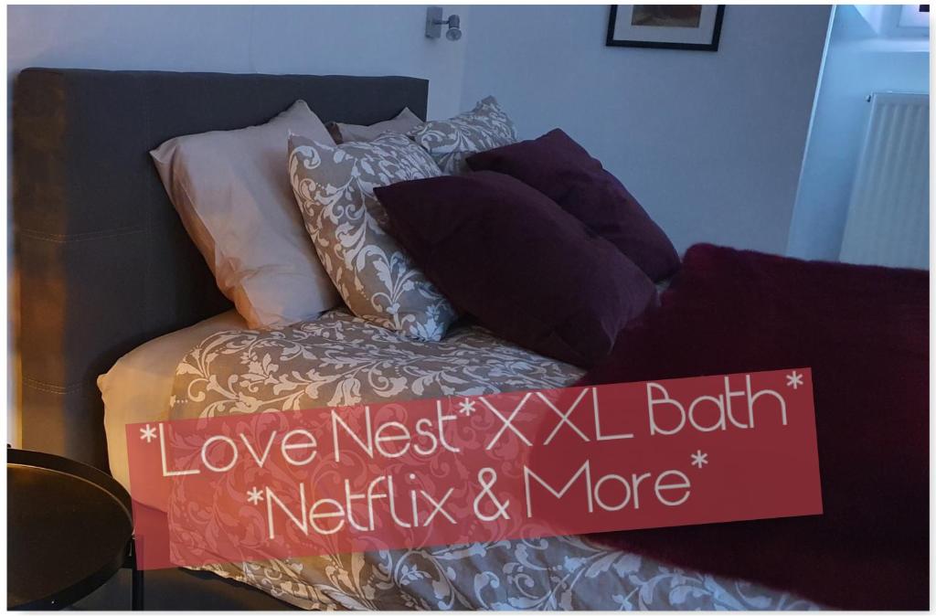 um sofá com almofadas e uma placa que diz "amor, aninho, banho, netflix" em Charmant studio avec grande baignoire em Namur
